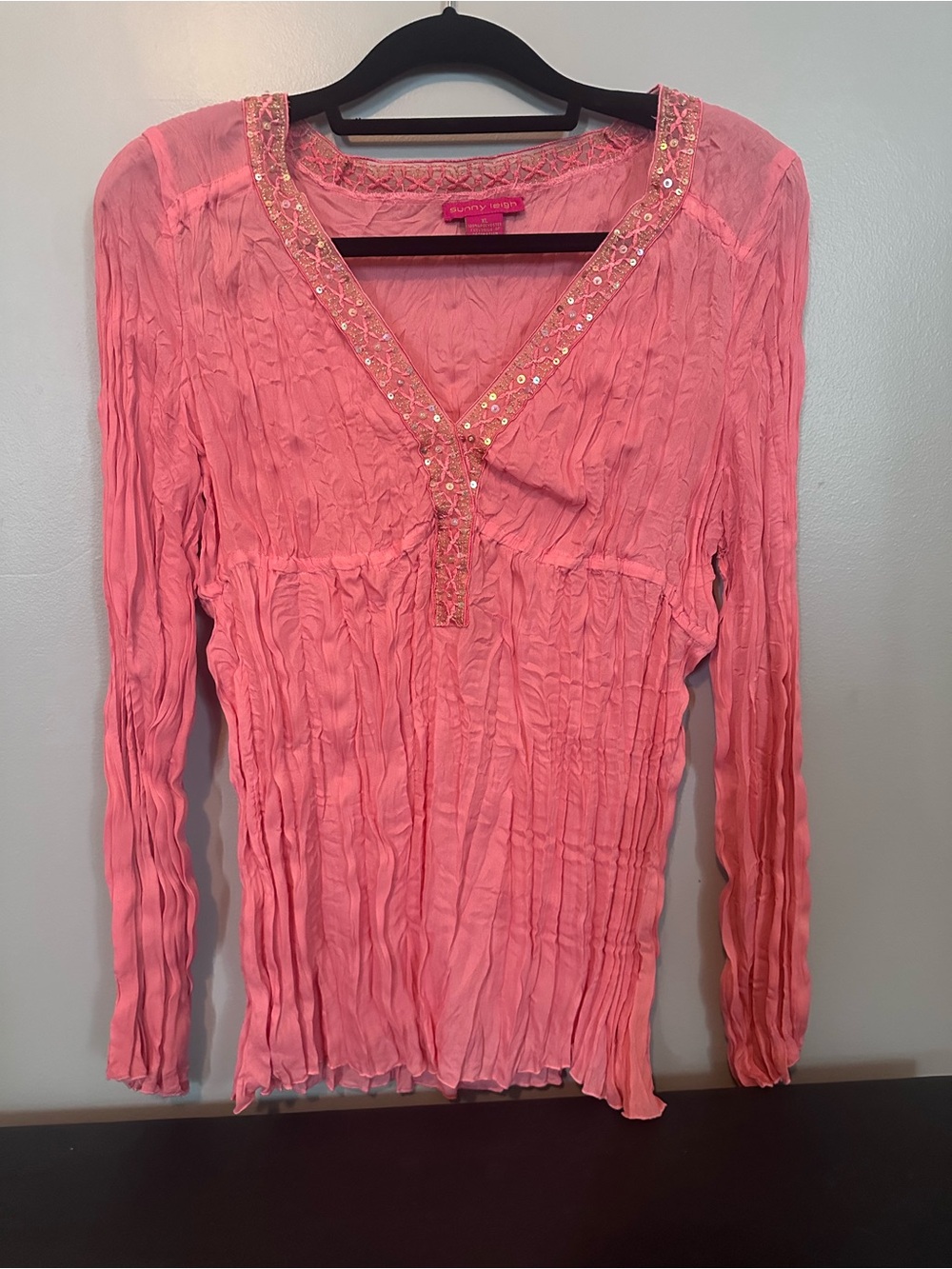 Sunny Leigh Pink Crinkle V-Neck Long Sleeve Top with Sequin Trim